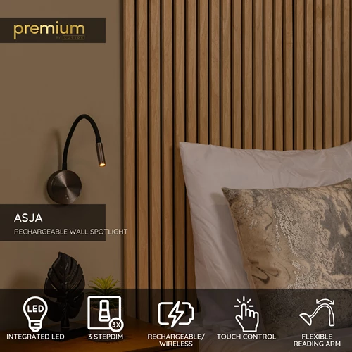 Lucide ASJA - Rechargeable Wall spotlight / Wall light - Battery pack- LED 3 StepDim - 1x3W 2700K - Grey iron | Premium - USP